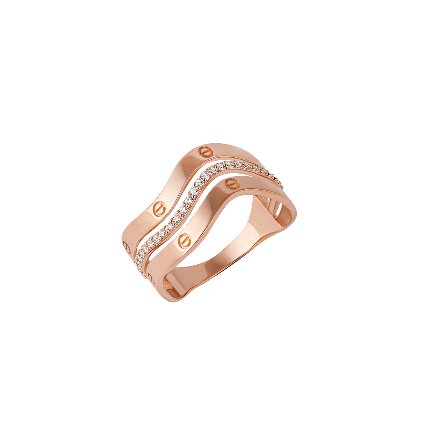 Широка каблучка з червоного золота, яка складається зтрьох полос, центральна з яких з фіанітами