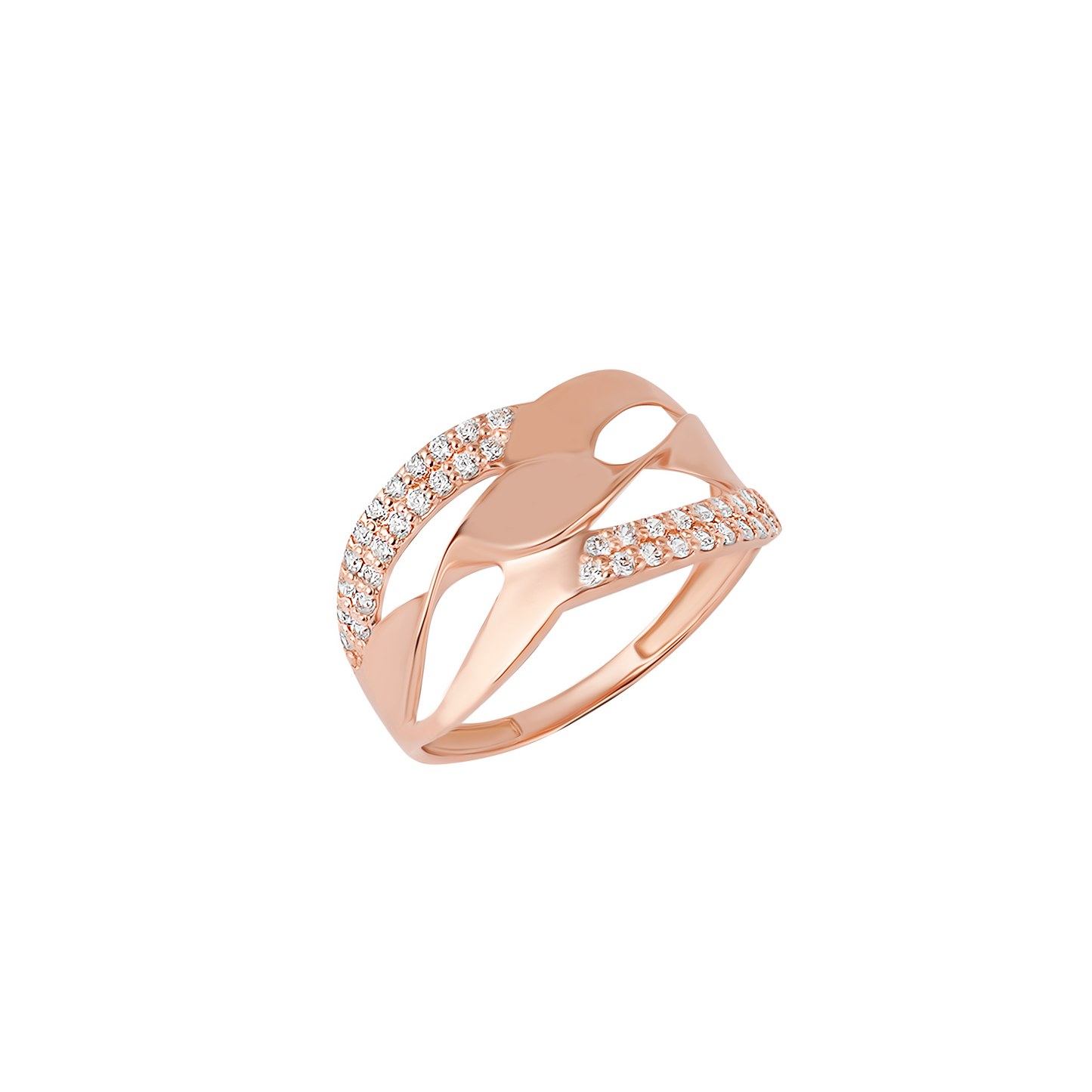 Широка каблучка з червоного золота з фіанітами.