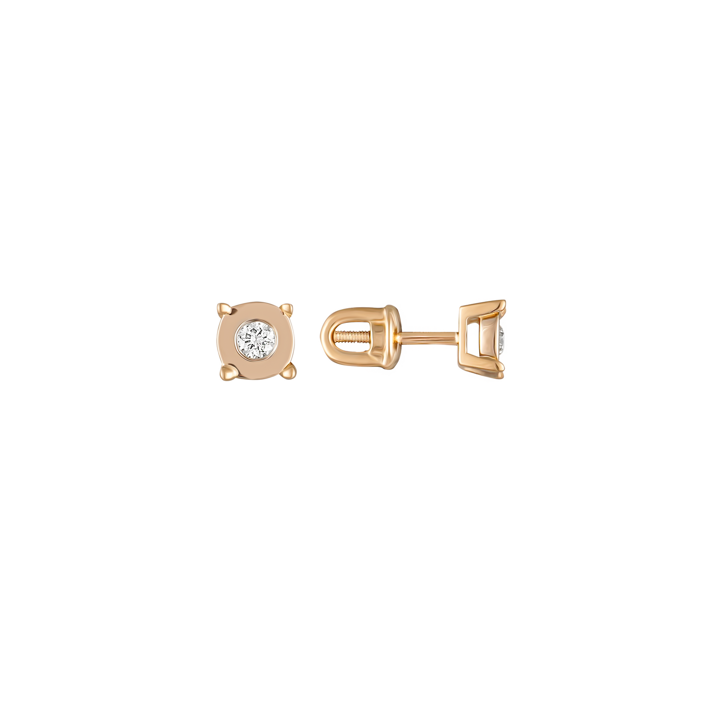 Сережки пусети з червоного золота круглі з діамантом